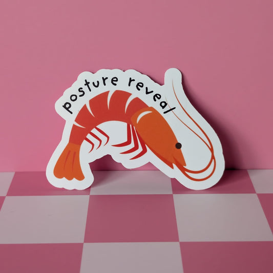 Sticker of a shrimp with 'Posture reveal' text on a pink checkered background