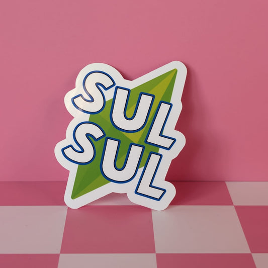 Sticker with 'SUL SUL' text on a pink checkered floor and wall background
