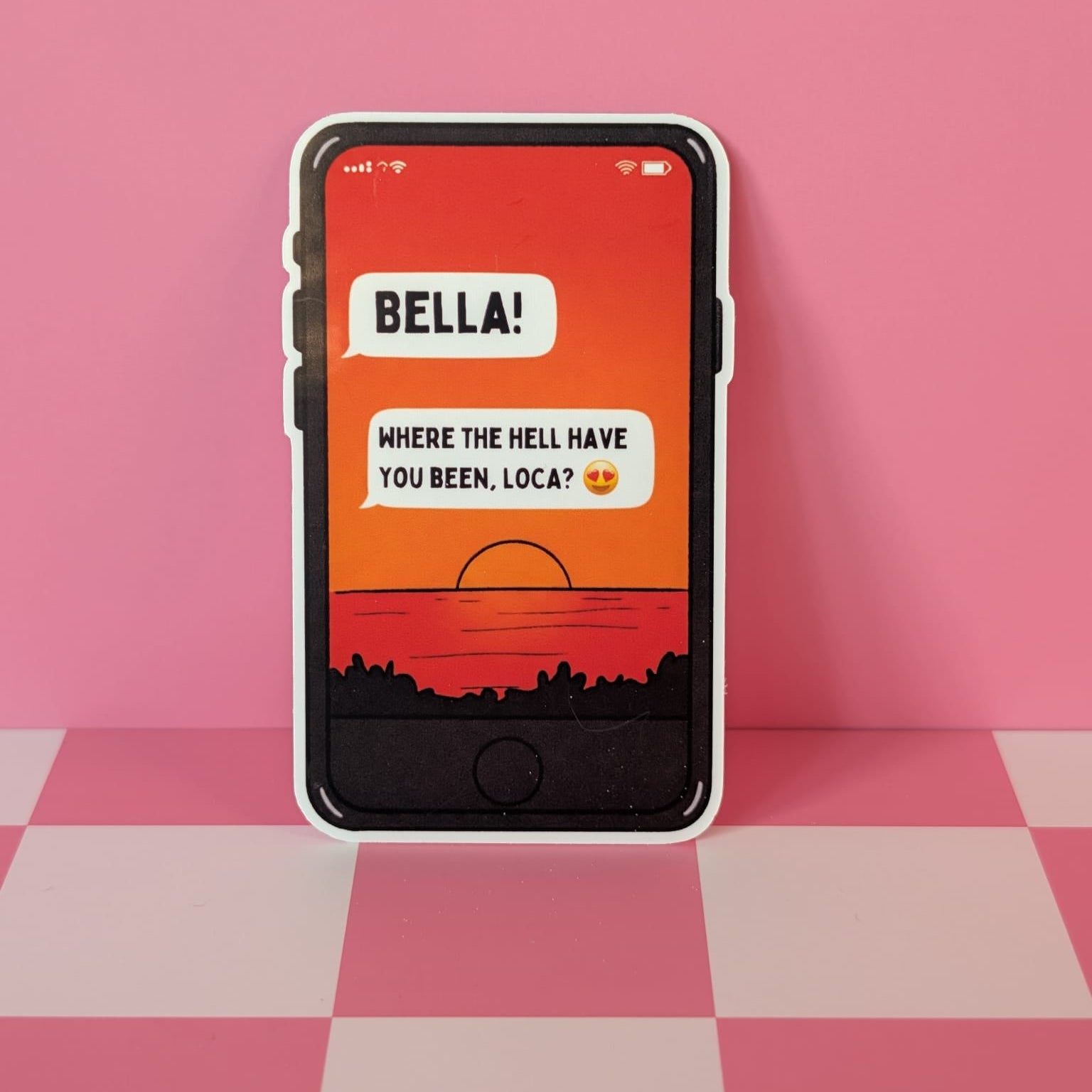 Phone case with a design of a phone screen showing text messages on a pink background