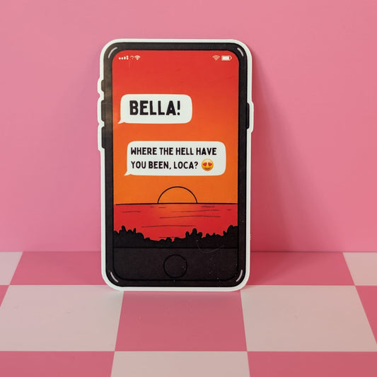 Phone case with a design of a phone screen showing text messages on a pink background