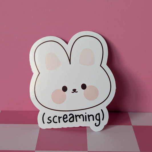 Cartoon bunny sticker with '(screaming)' text on a pink background