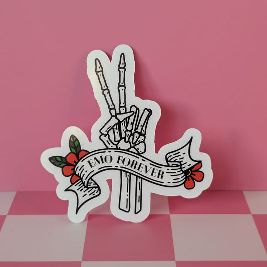 Sticker with skeleton hand peace sign and 'Emo Forever' text on a pink and white checkered background