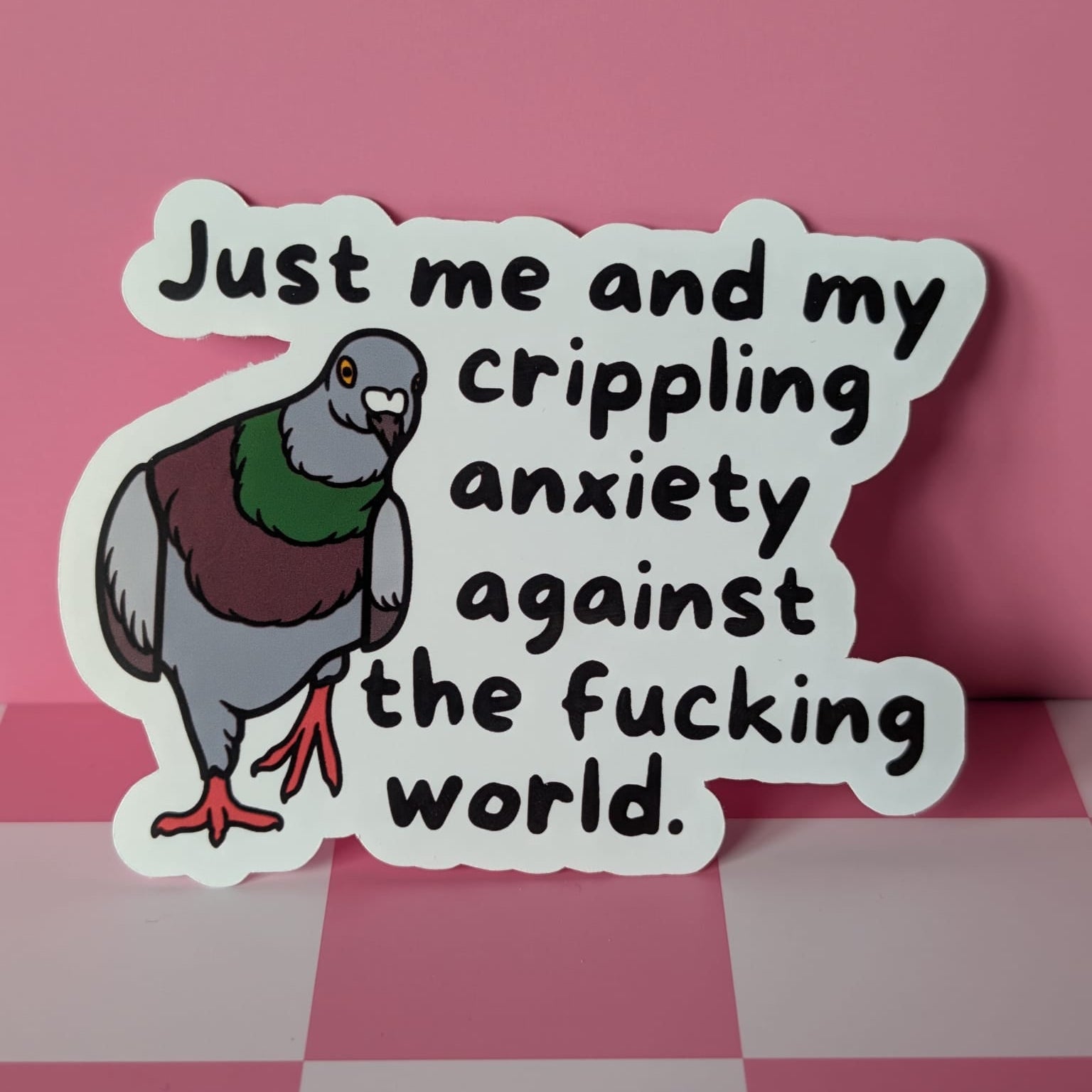 Sticker with a pigeon illustration and text on a pink and white checkered background