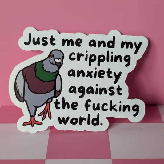 Sticker with a pigeon illustration and text on a pink and white checkered background