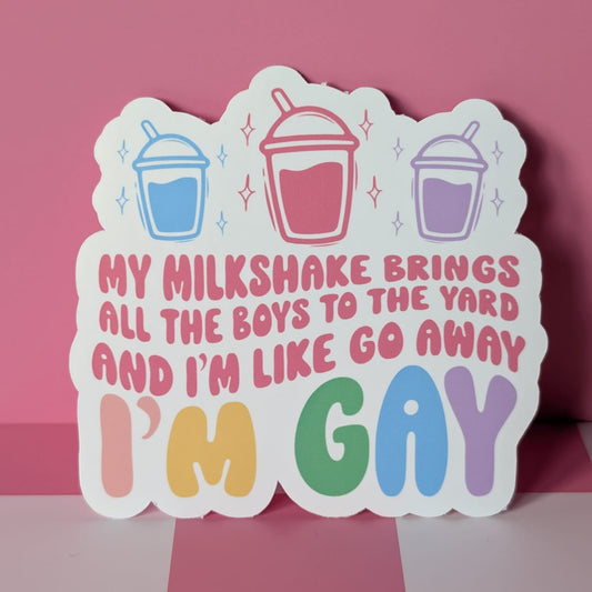 Colorful sticker with text and milkshake graphics on a pink background